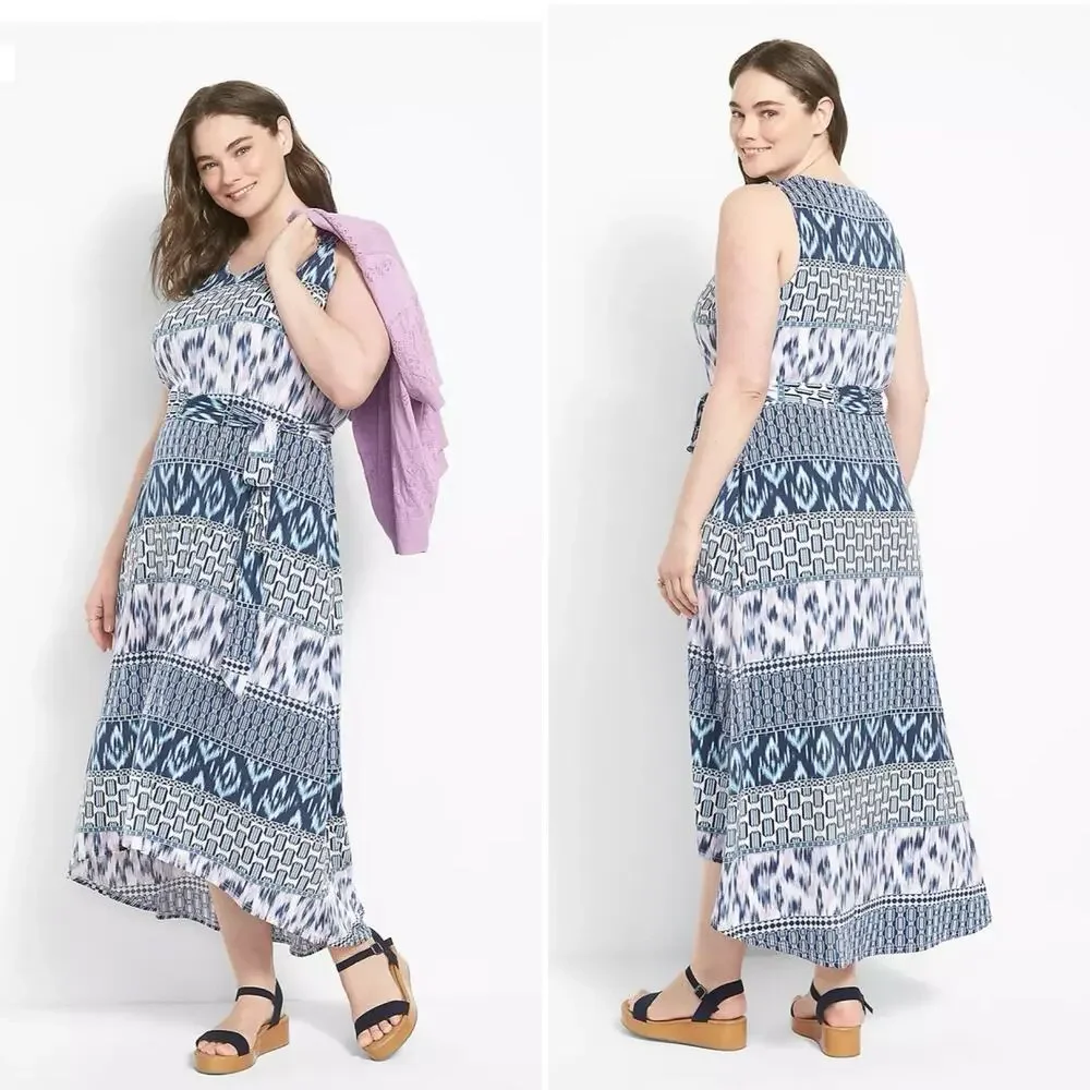Lane Bryant Womens Plus Size Midi Dress 18/20 Belted High-Low Boho Stretch - Picture 1 of 13